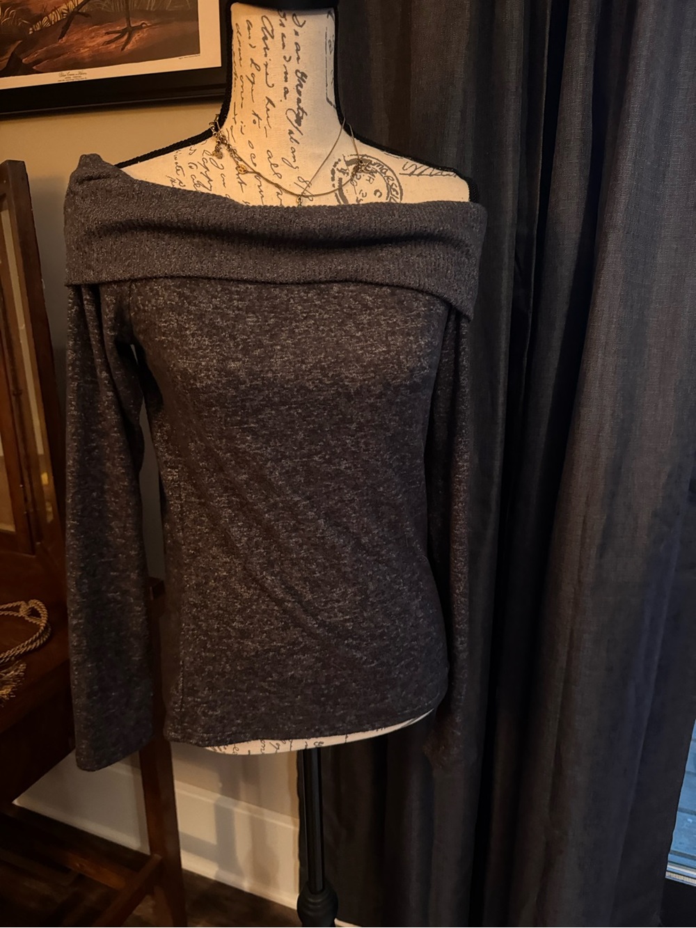 Off-Shoulder Long Sleeve Women's Sweater - Charcoal